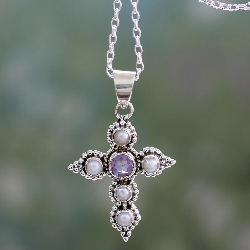 Necklaces and pendants with personalized charms for a custom piece of jewelry-Harmony in White Cultured Pearl and Amethyst Necklace with Cross Pendant