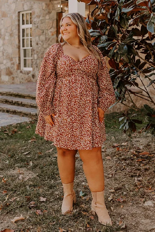 Plus size dresses featuring geometric prints are trendy -Stylish plus size dresses with fitted bodice -Harvest Cutie Floral Mini Dress in Dark Rust Curves