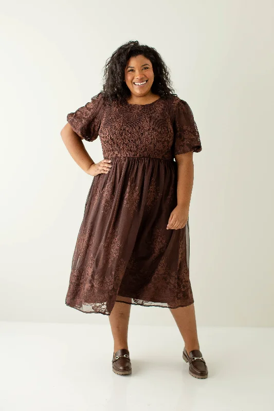 Plus size dresses featuring chiffon layers feel airy -Plus size dresses with floral prints for spring -Plus 'Alyssa' Smocked Bodice Embroidered Floral Dress in Chocolate