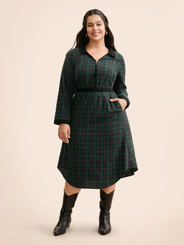 Plus size dresses with muted tones blend well -Affordable plus size dresses for casual outings -Contrast Plaid O Ring Zipper Dress