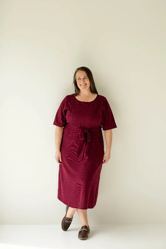 Plus size dresses with sleek necks stay elegant -Elegant plus size dresses with velvet fabric for colder weather -Plus 'Ruby' Tie Waist Knit Midi Dress in Burgundy