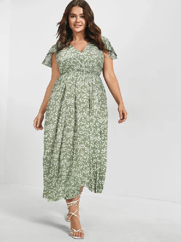 Plus size dresses with bold cuts make statements -Plus size dresses with satin for a sophisticated look -V Neck Butterfly Pattern Split Dress