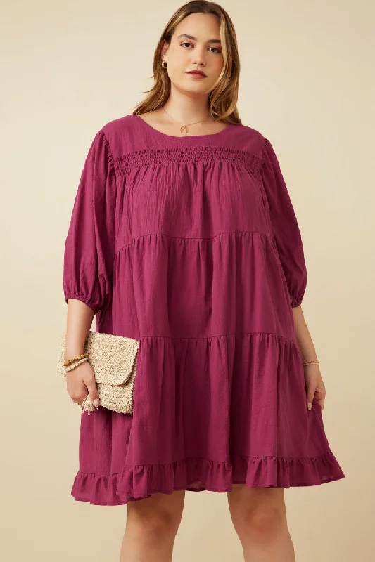 Plus size dresses with lightweight knits feel breezy -Casual plus size dresses for running errands -Smocking Detailed Puff Sleeve Tiered Dress