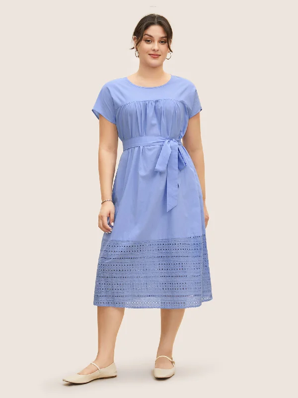 Plus size dresses with asymmetrical hems look modern -Plus size dresses for a chic and comfortable wedding guest outfit -Solid Dolman Sleeve Broderie Anglaise Belted Dress