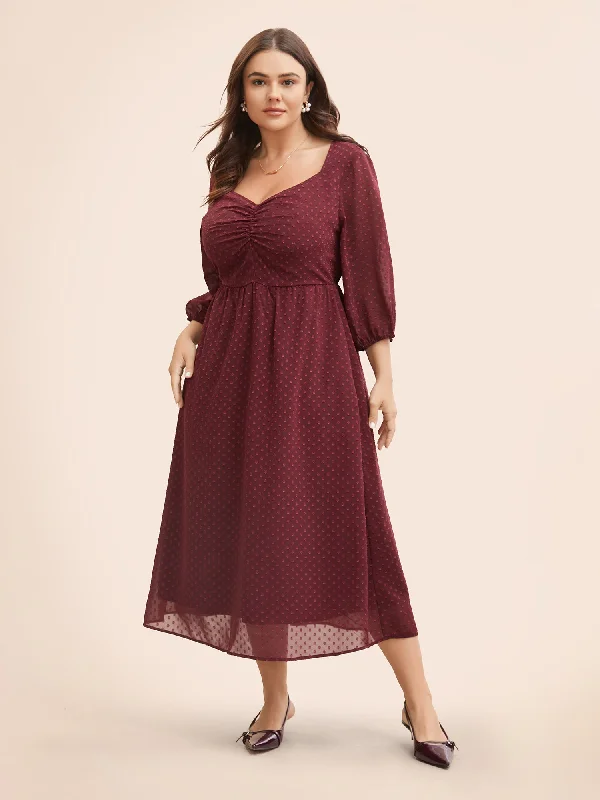 Plus size dresses with jewel tones dazzle quietly -Plus size dresses with cap sleeves for modest style -Plain Textured Ruched Lantern Sleeve Dress