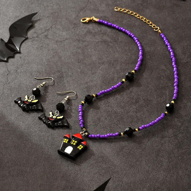 Crystal Drop Earrings for Sparkle -Wholesale Halloween Rice Beads Dark Castle Bat Earrings Necklace Set