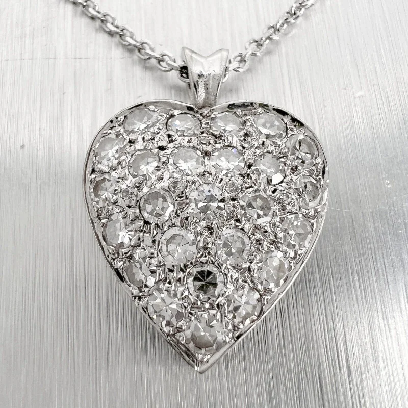 Beautiful necklaces and pendants with butterfly motifs for a whimsical style-14k White Gold Single Cut Diamond Pave Heart Pendant Necklace 0.45ctw 16"