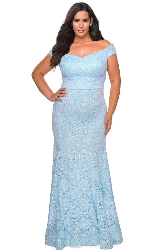 Plus size dresses for cold seasons warm up -Plus size dresses with a body-skimming fit for confidence -La Femme - 28883 Off-Shoulder Beaded Modest Prom Mermaid Gown