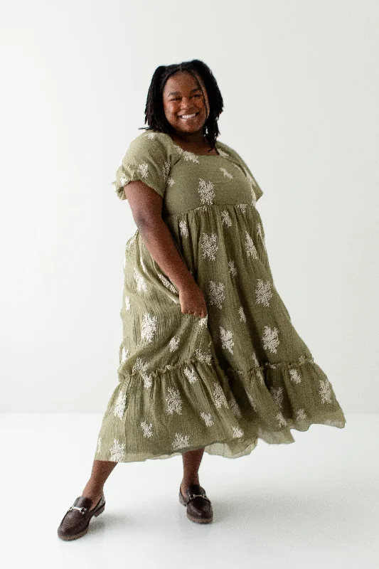 Plus size dresses with V-necks elongate figures -Plus size dresses with a bow tie for a cute touch -Plus 'Tamara' Embroidered Square Neck Textured Dress in Light Olive