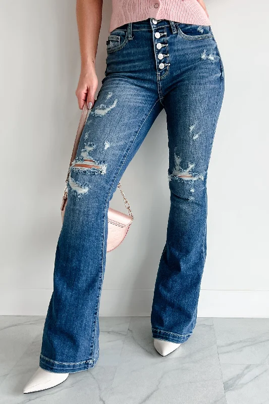 Patchwork Jeans for Bohemian -Gage Judy Blue Mid Rise Distressed Button Fly Flare Jeans (Dark)