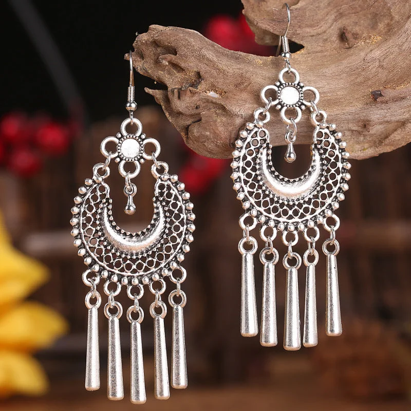 Drop Earrings with Hammered Finish -Wholesale 2 Pairs/Pack Bohemian Ethnic Style Retro Alloy Tassel Earrings