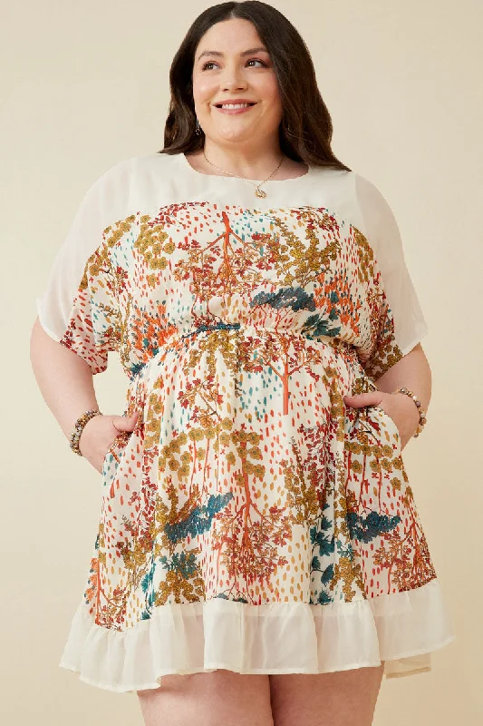 Plus size dresses featuring chiffon layers feel airy -Plus size dresses with floral prints for spring -Women Contrast Tree Print Dolman Sleeve Dress