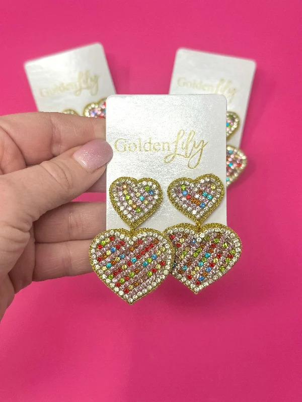 Clip On Drop Earrings for Non Pierced -SPARKLE HEART EARRINGS