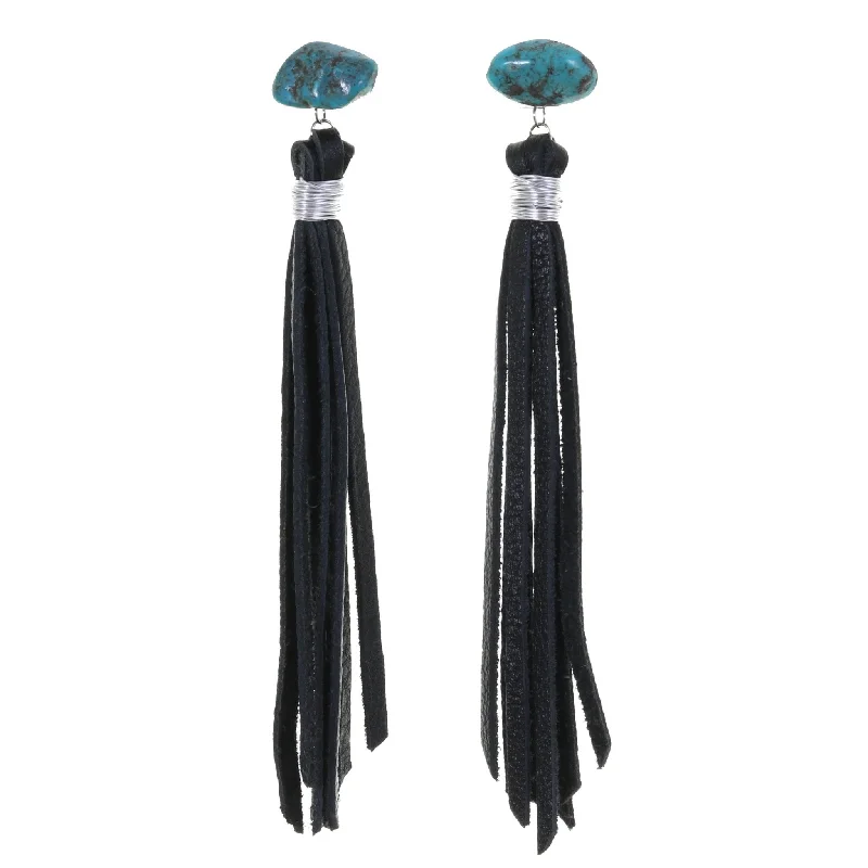 Drop Earrings with Abstract Designs -VE65 - Vestige Black Tassel and Turquoise Nugget Earrings