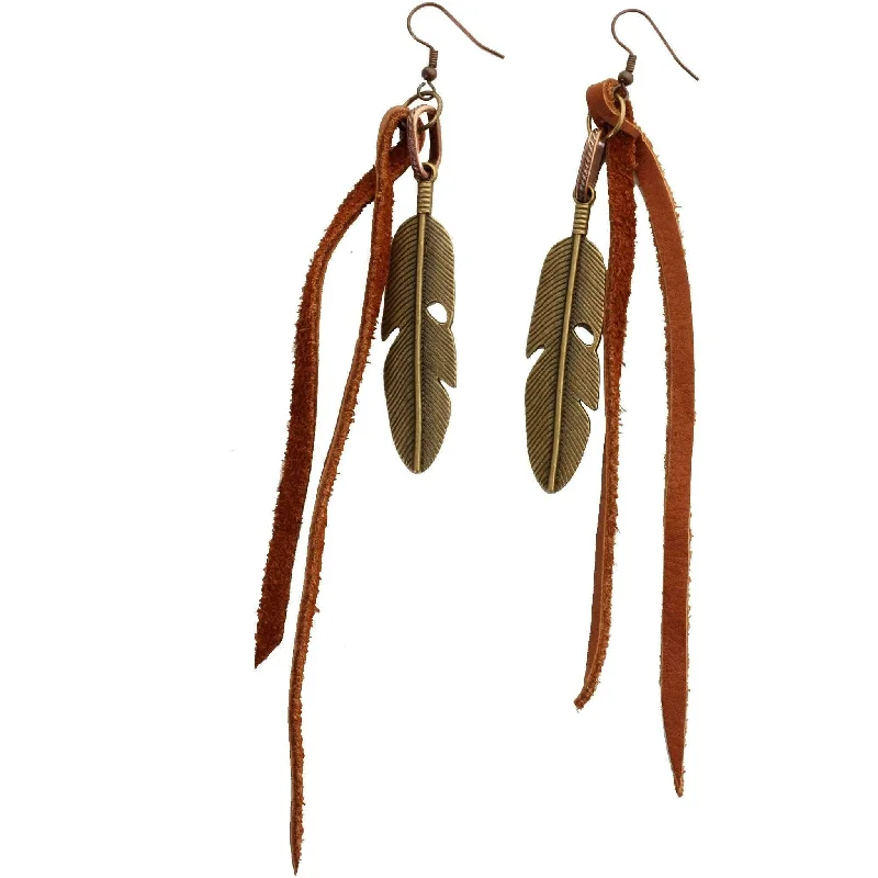 Square Drop Earrings for Modern -VE01 - Vestige Brandy Elk Skin and Feather Earrings