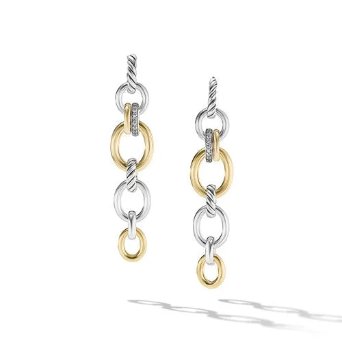 Screw Back Drop Earrings for Security -DY Mercer Linked Drop Earrings in Sterling Silver with 18K Yellow Gold and Pavé Diamonds