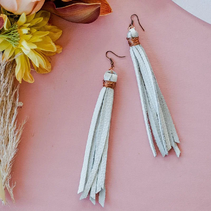 Hypoallergenic Drop Earrings for Sensitive -VE17 - Vestige White Leather Tassel Earrings