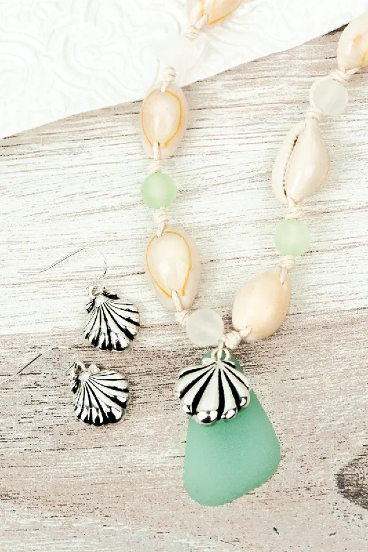 Drop Earrings for Prom Night -SALE! Mint Cowrie Beach Seashell Necklace and Earrings Set