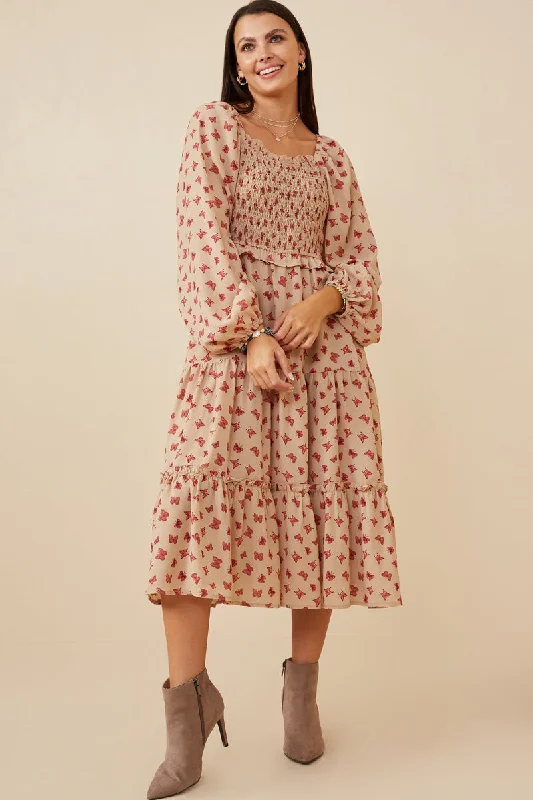 Plus size dresses for outdoor events stay comfy -Plus size dresses with a vintage look -Ditsy Butterfly Print Smocked Midi Dress