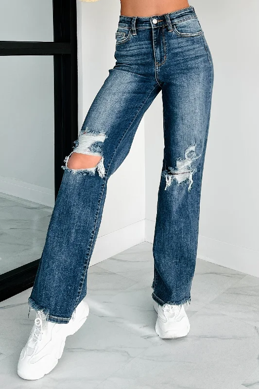 Four Pocket Jeans for Simplicity -Hagan Judy Blue High Waist 90's Distress Straight Leg Jeans (Dark)