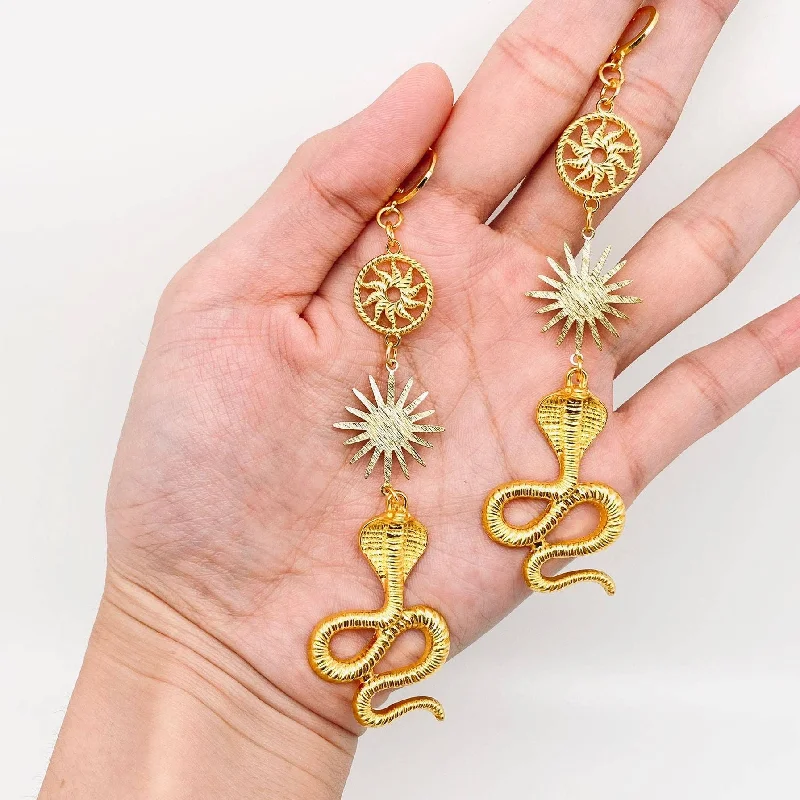 Indian Drop Earrings with Intricacy -Golden Cobra Pendant Huggie Earrings