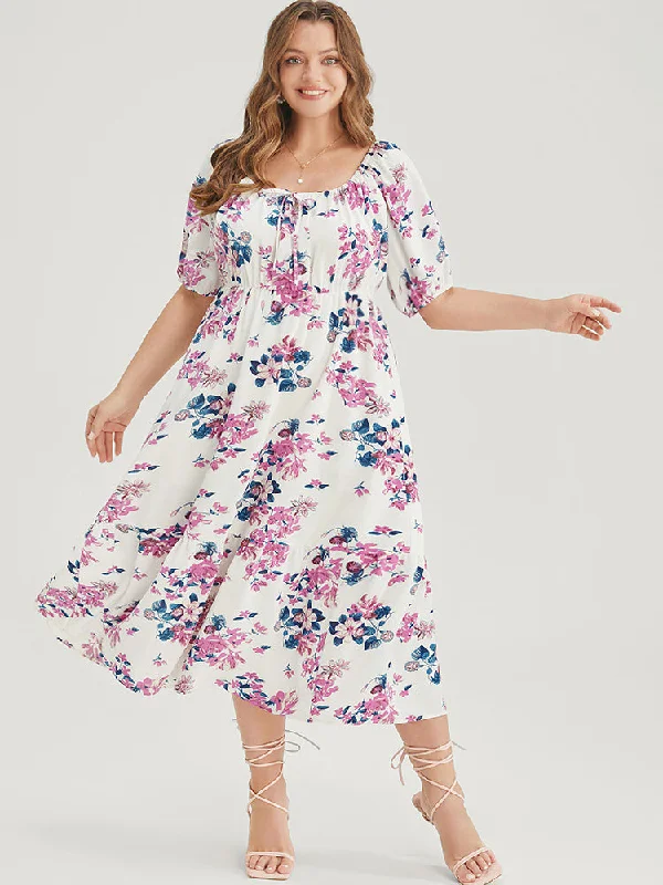 Plus size dresses with soft cotton feel comfy -Plus size dresses with printed designs for casual wear -Floral Puff Sleeve Pocket Knot Front Scoop Neck Flutter Dress