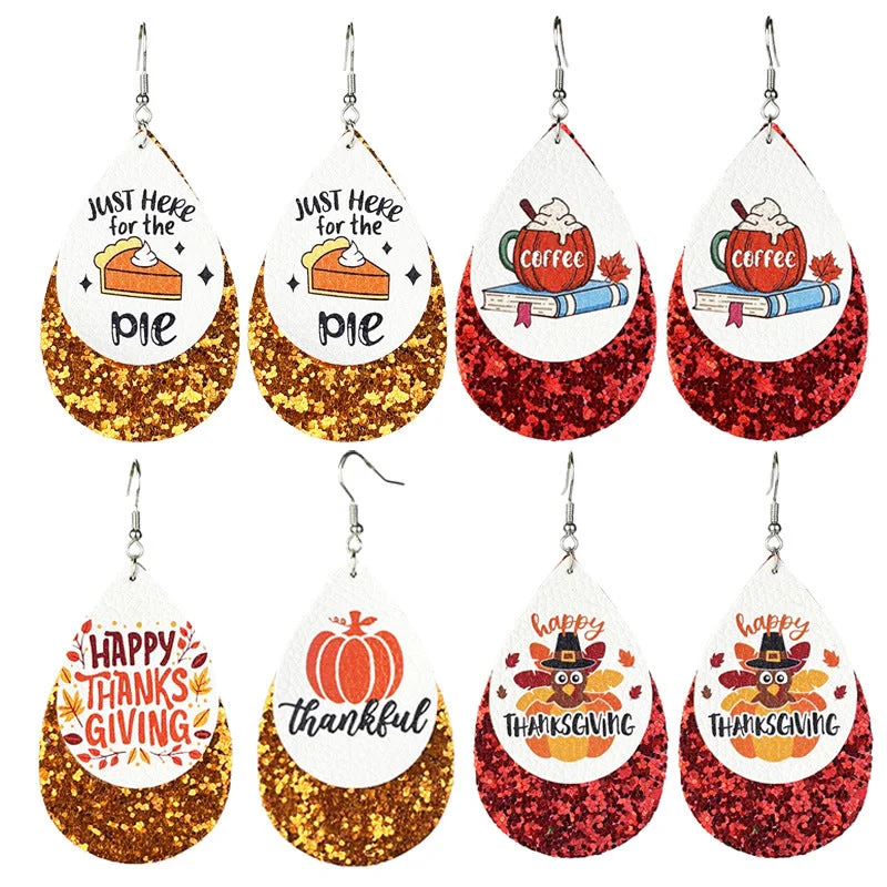 Floral Drop Earrings with Petals -Wholesale 2 Pairs/pack Thanksgiving Double Leather Shiny Pumpkin Pie Coffee Turkey Earrings