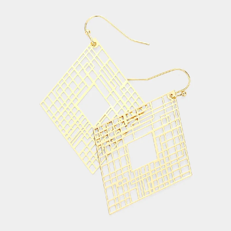 Drop Earrings with Embossed Patterns -Diamond Cutout Earrings | Gold or Silver