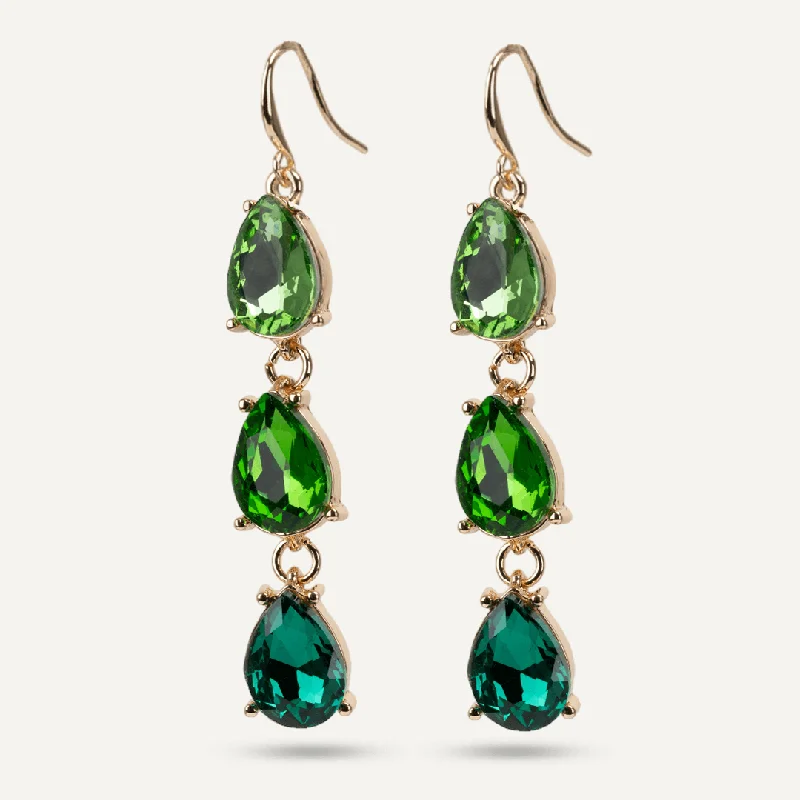 Beaded Drop Earrings for Party -Iris Emerald Green Jewel & Crystal Hook Earrings In Gold-Tone