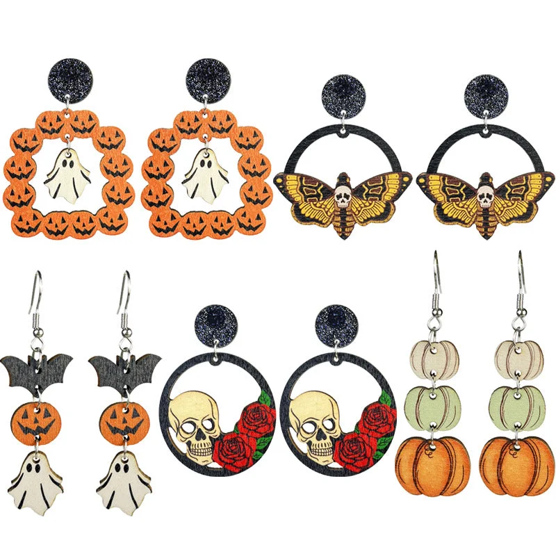 Hypoallergenic Drop Earrings for Sensitive -Wholesale 2 Pairs/pack Halloween Wooden Bohemian Ghost Pumpkin Skull Flower Stitching Earrings