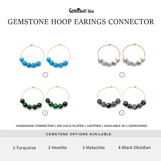 Ethnic Drop Earrings with Tribal Design -Round Hoop 43x37mm Big Gemstone Beads Gold Plated Earrings