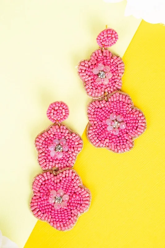 Nickel Free Drop Earrings for Safety -SALE! Garden Blooms Pink Flower Seed Bead Earrings