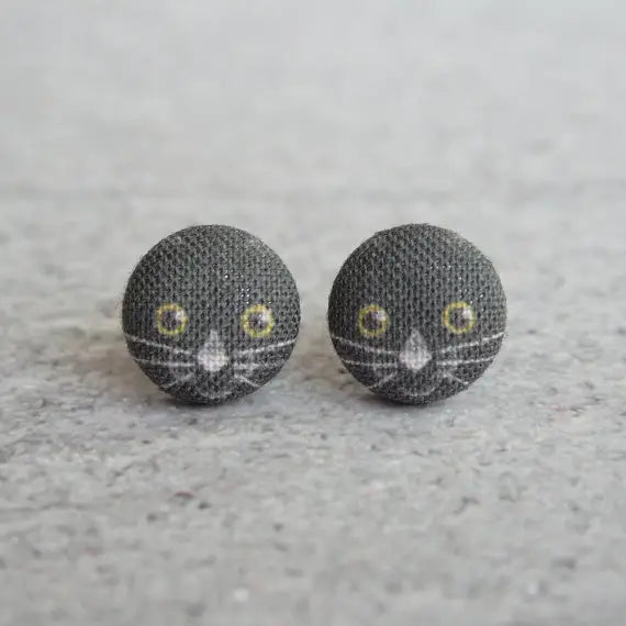 Diamond Drop Earrings for Luxury -Black Cat Fabric Button Earrings | Handmade in the US