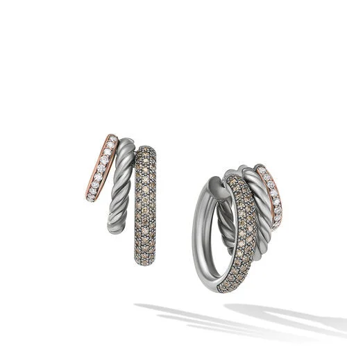 Push Back Drop Earrings for Convenience -DY Mercer Melange Multi Hoop Earrings in Sterling Silver with 18K Rose Gold and Pavé Diamonds