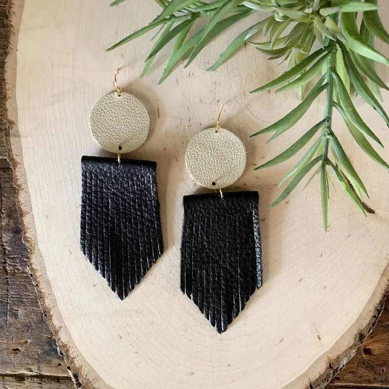 Screw Back Drop Earrings for Security -VE85 -  Vestige Cream and Black V Fringe Earrings