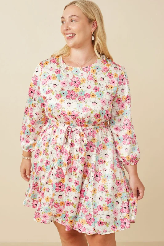 Plus size dresses featuring animal prints feel wild -Plus size dresses with pleated details for texture -Satin Floral Long Sleeve Belted Flare Skirt Dress