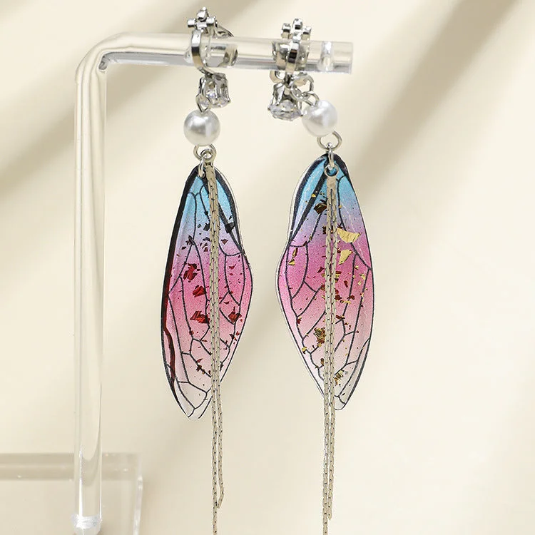 Drop Earrings with Matte Finish -Wholesale Epoxy Butterfly Wing Gradient Tassel Earrings