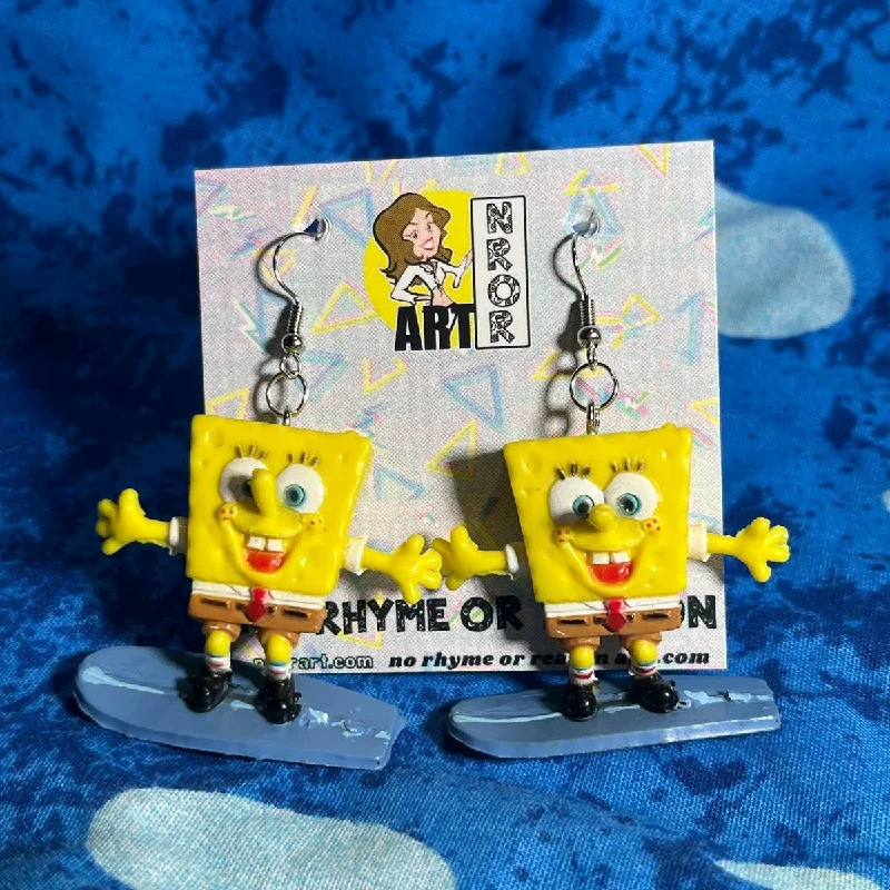 Drop Earrings for Graduation Day -Surfboarding Spongebob Earrings | Miniature Dangle Fashion Jewelry