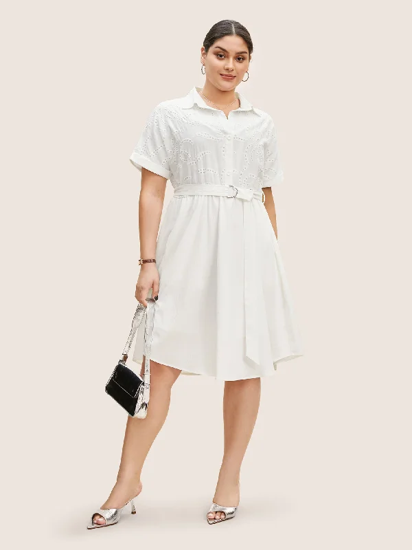 Plus size dresses with lightweight materials feel easy -Plus size dresses for fall with rich tones -Broderie Anglaise Shirt Collar Belted Dress