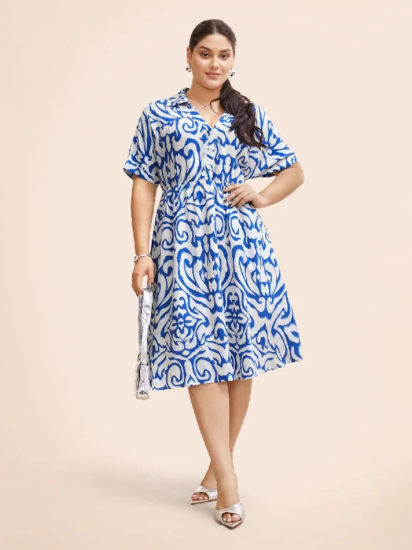 Plus size dresses in soft fabrics feel cozy -Plus size dresses with empire waistline -Boho Print Button Detail Cuffed Sleeve Dress