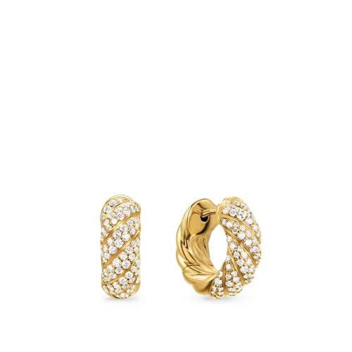 Drop Earrings for Formal Attire -Sculpted Cable Hoop Earrings in 18K Yellow Gold with Diamonds, 14.4mm