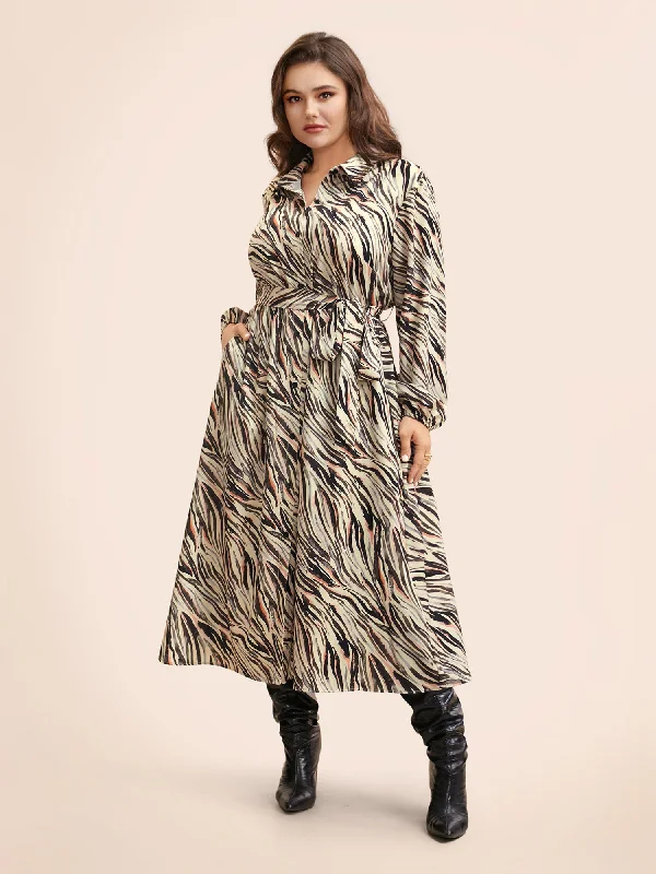 Plus size dresses featuring laser-cut details are unique -Plus size dresses with sequins for evening glamour -Zebra Print Shirt Collar Belted Dress