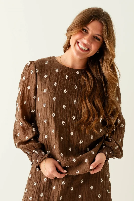 Plus size dresses with supportive linings feel great -Plus size dresses with printed designs for casual wear -'Eliza' Smocked Wrist Embroidered Floral Top in Brown