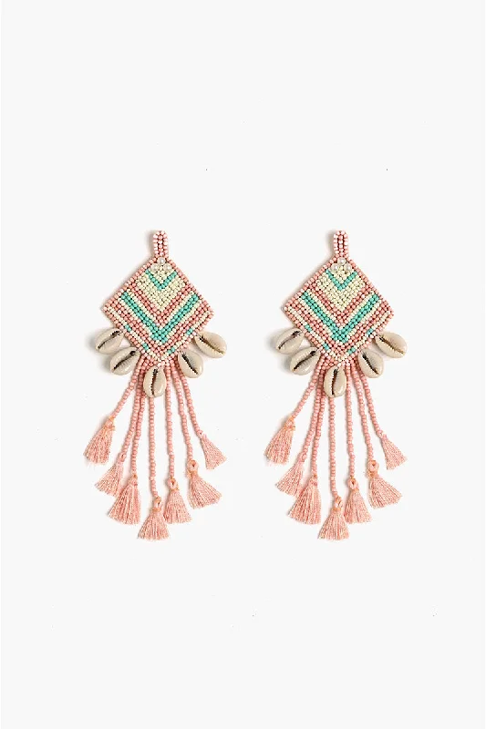 Gold Drop Earrings for Women -Rose Beaded Tassel Shell Earrings