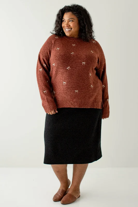 Plus size dresses featuring lace details feel romantic -Plus size dresses for formal occasions -Plus 'Lucy' Embroidered Bow Sweater in Rust Brown