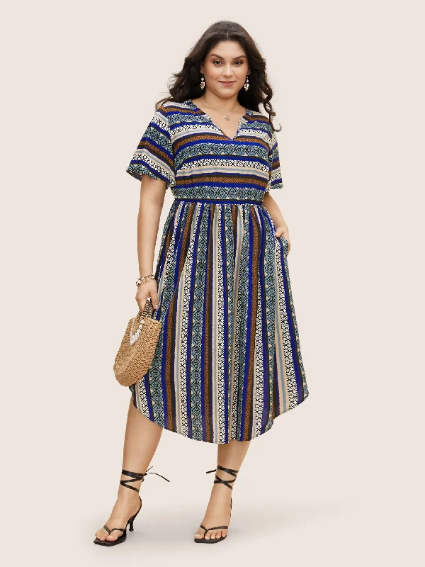 Plus size dresses with classic designs never fade -Plus size dresses with wrap-style for a flattering fit -Bandana Striped Curved Hem Ruffle Sleeve Dress