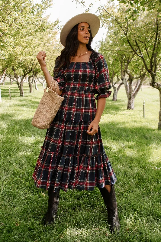 Plus size dresses featuring wrap styles are versatile -Stylish plus size dresses for date night -Madeline Dress in Navy Plaid - FINAL SALE