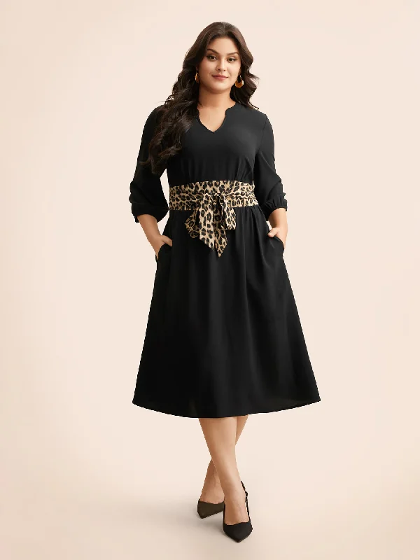 Plus size dresses featuring gemstone details shine subtle -Plus size dresses with a lace overlay for vintage charm -Notched Collar Leopard Print Patchwork Dress