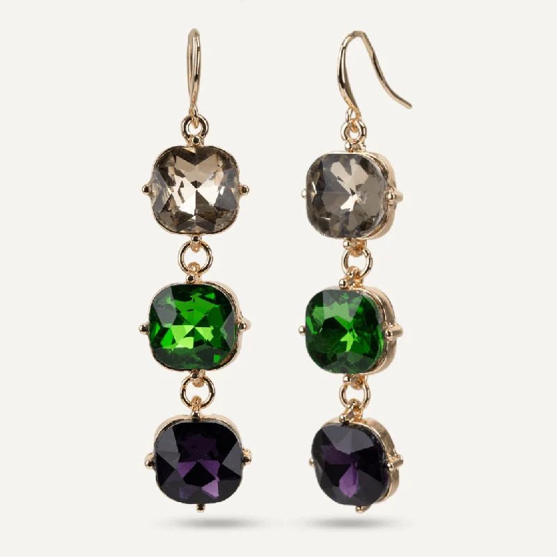 Push Back Drop Earrings for Convenience -Geometric Jewel & Crystal Hook Earrings In Gold-Tone