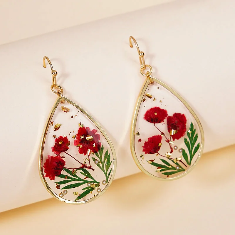 Drop Earrings for Graduation Day -Wholesale Epoxy Leaf Eternal Red Dried Flower Earrings